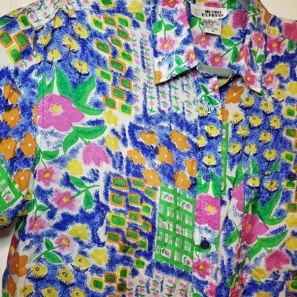 Vintage Metro Express Silk Colorful Patchwork Print Blouse Women’s Size Medium - Picture 3 of 10